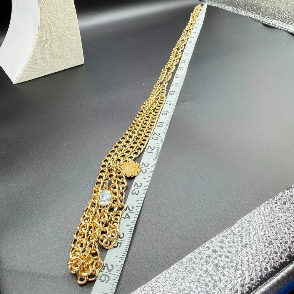 Gold Tone Triple Strand Chain Necklace Clear Rhinestone Statement Layered Boho
